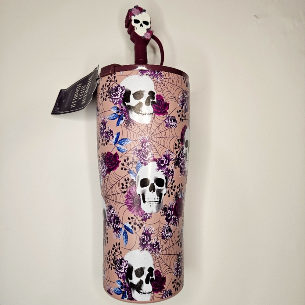 20oz Stainless Steel Halloween Skull and Roses Tumbler with Straw Topper NEW